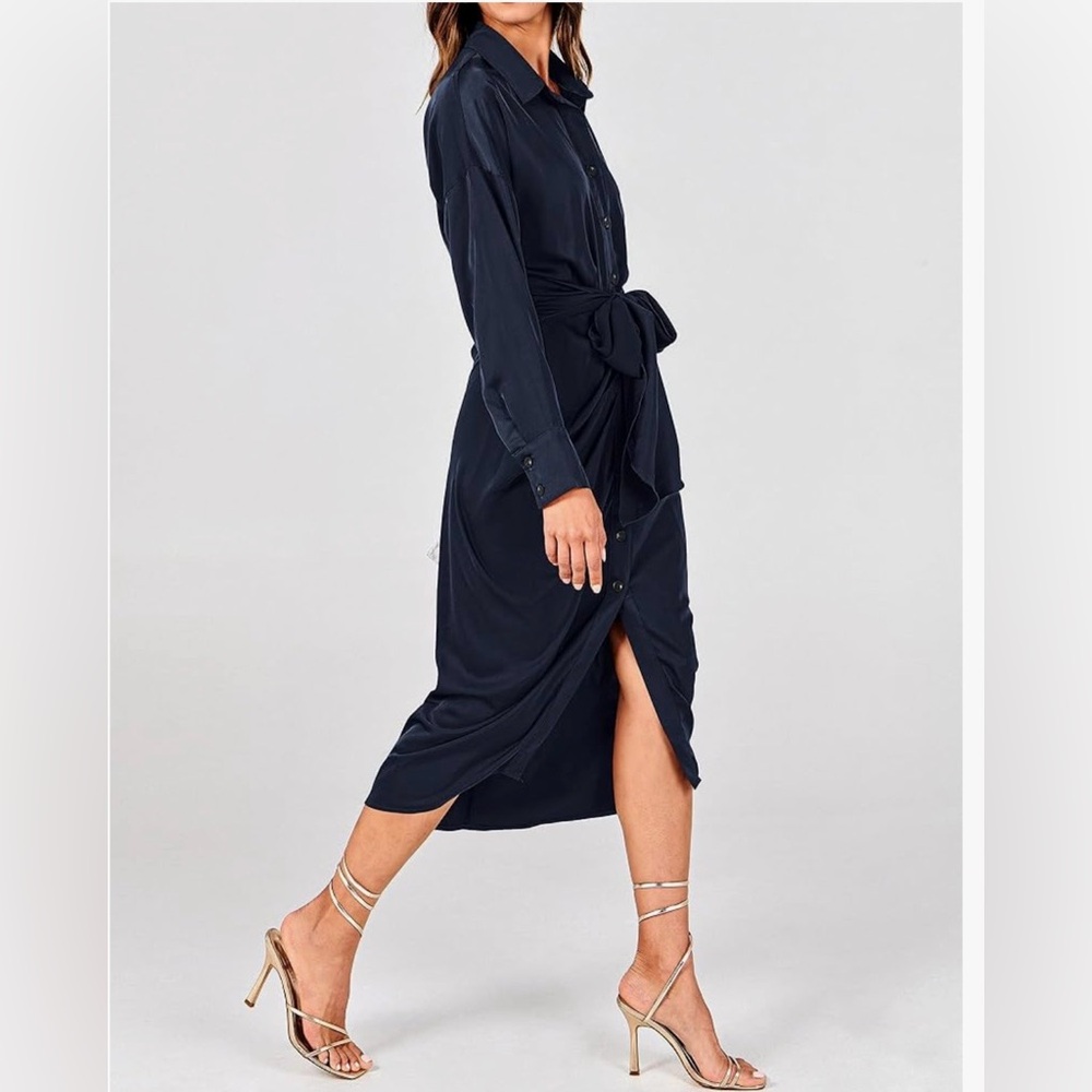 Linsery NWOT Navy Blue Belted Maxi Ruched Shirt Dress - Size M - Picture 3 of 14